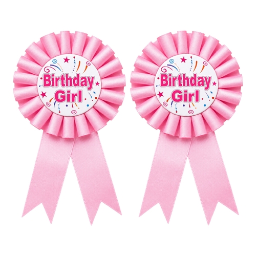 2 x Birthday Girl Badge Rosette Ribbon Pink Birthday Party Outfit Accessory