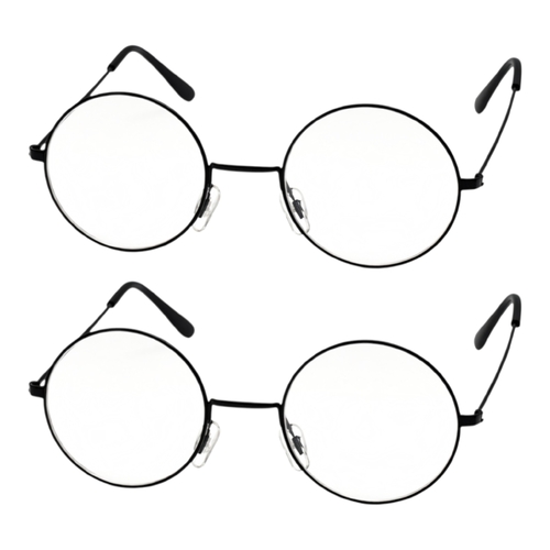 2 x Round Circle Glasses Black Metal Frame Wizard Style Clear Lens Costume