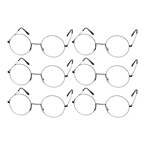 6 x Round Circle Glasses Black Metal Frame Wizard Style Clear Lens Costume