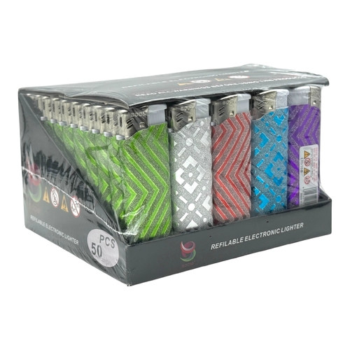 Box of 50 Boom Glitter Zig Zag Click Refillable Gas Lighters Assorted Colours