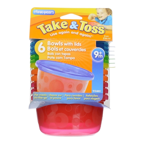 The First Years Take &amp; Toss Bowls 6pk with Lids Rainbow Durable Leak Resistant