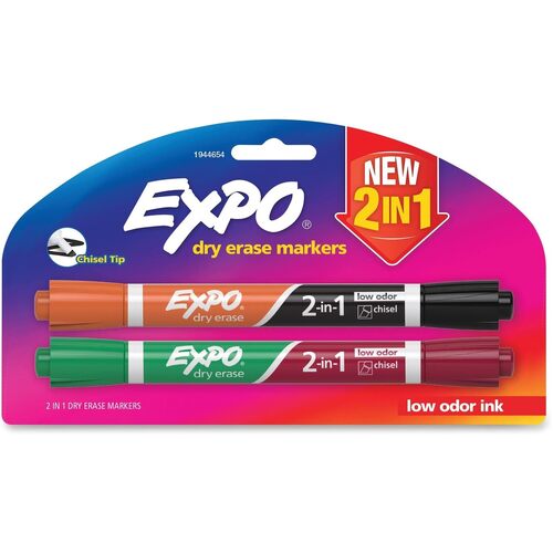 Expo 2-in1 Dry Erase Marker - Chisel 2-pack Green, Red, Black, Orange