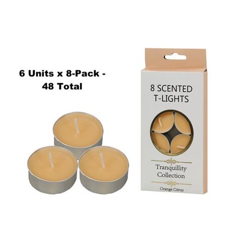 6x8-Pack Tranquility Tea Lights Scented Orange Citrus Candle (4 Hour Burn)