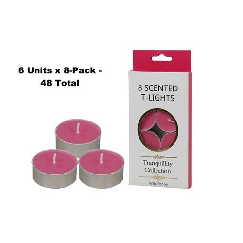 6x8-Pack Tranquility Tea Lights Scented Wild Peony Candle (4 Hour Burn)