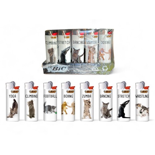 50x BIC Maxi Sporting Cats Lighters Various Colour Box J26