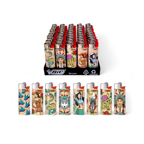 50x BIC Maxi America Design Lighters Various Colour Box J26