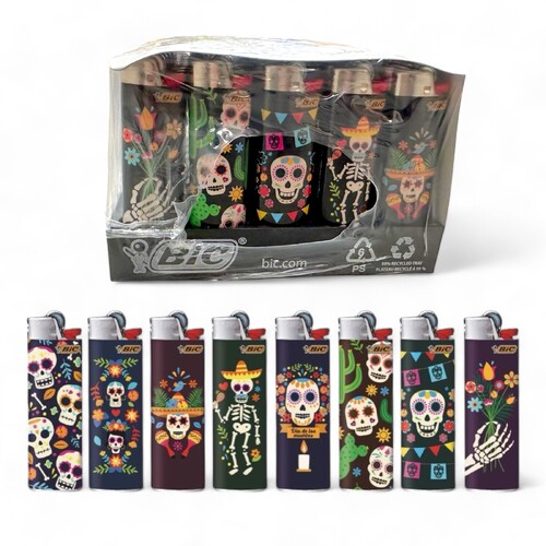 50x BIC Maxi Mexican Skull Lighters Various Colour Box J26