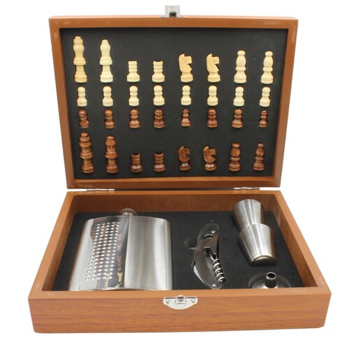 Wood Chess Set, 8oz Stainless Steel Hip Flask, Shot Glasses, Bottle Opener Gift 