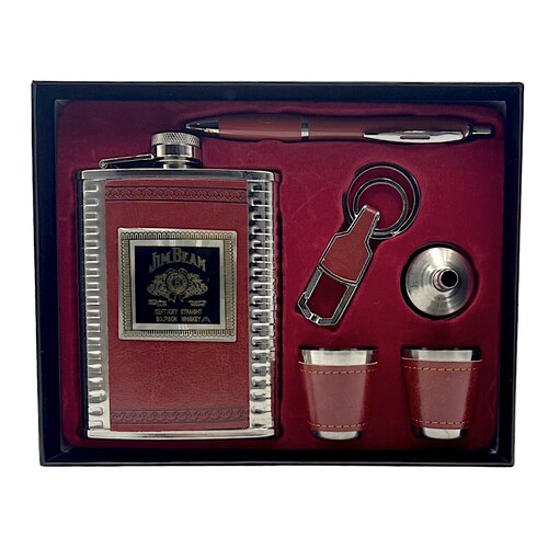 Jim Bean Hip Flask, Shot Glass, Opener and Pen Gift Set Stainless Steel 8oz