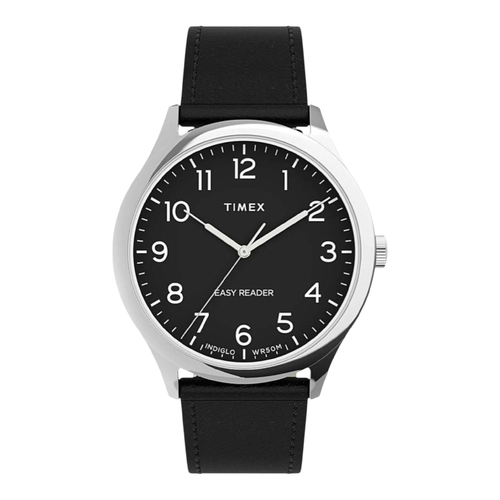Timex Easy Reader Mens Watch Black Dial Leather Indiglo Quartz TW2U22300